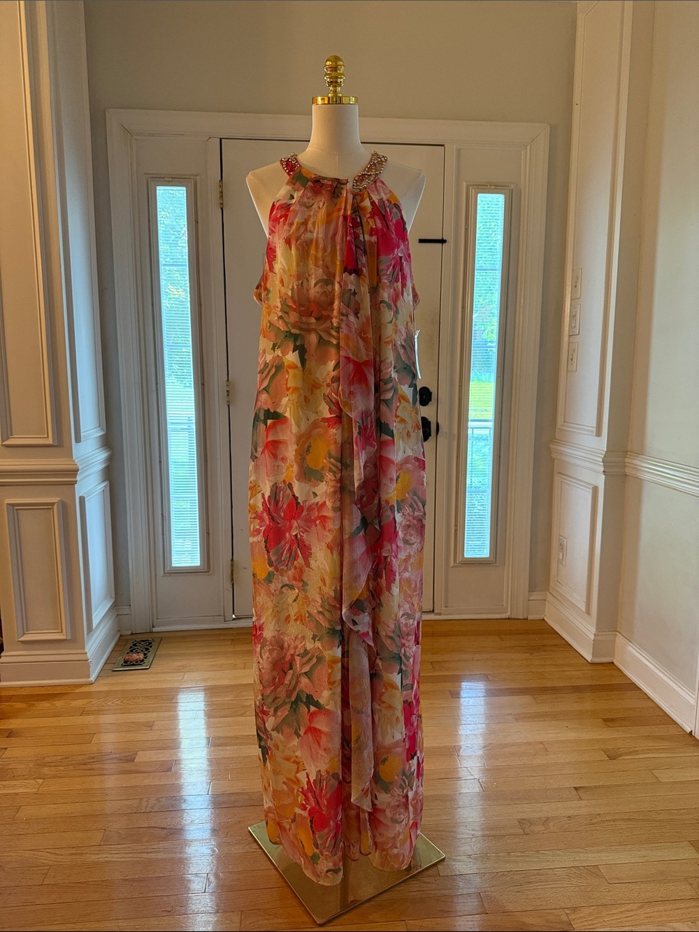 SLNY Pink Multi Floral Halter Dress with Beaded Detail